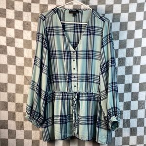 Lane Bryant plaid half button down tunic 18 Light blue and navy tie front shirt